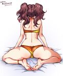  1girl anklet arm_support artist_name ass back barefoot bed bed_sheet bra brown_hair butt_crack dated feet jewelry kujikawa_rise mina_cream panties persona persona_4 solo twintails underwear yellow_bra yellow_panties 