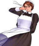  1girl arm_behind_back arm_up blush brown_hair closed_mouth duplicate emma_(victorian_romance_emma) frills glasses hair_between_eyes maid pixel-perfect_duplicate puffy_sleeves round_eyewear simple_background smile solo takasugi_kou victorian_romance_emma white_background 