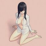  1girl bangs breasts collared_shirt hair_over_one_eye hitomi_tomoko_(satsuki) jimiko long_bangs long_hair looking_at_viewer medium_breasts mojo naked_shirt navel nipples original satsuki_(notsachiko) shirt solo white_shirt 