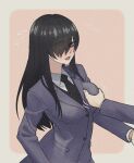  1girl bangs blazer blush breast_grab breasts flying_sweatdrops grabbing hair_over_one_eye hitomi_tomoko_(satsuki) jacket jimiko long_hair mojo necktie original satsuki_(notsachiko) school_uniform vest 