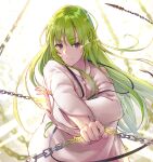  1boy absurdres androgynous bangs black_cola blue_eyes chain cloak closed_mouth commentary enkidu_(fate) enkidu_(weapon)_(fate) fate/grand_order fate/strange_fake fate_(series) gold_chain green_hair highres long_hair looking_at_viewer solo upper_body very_long_hair white_cloak yellow_eyes 
