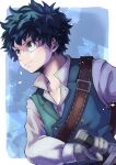  1boy absurdres alternate_costume blue_background boku_no_hero_academia border buttons closed_mouth commentary cowboy_shot curly_hair freckles gloves green_eyes green_hair green_vest highres holding holding_sword holding_weapon long_sleeves looking_ahead male_focus medieval midoriya_izuku multicolored_background r1014-chopper sheath sheathed shirt short_hair solo sword vest weapon white_border white_shirt 