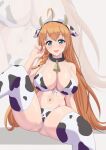  1girl :d ahoge animal_ears animal_print bell bikini blue_eyes breasts cleavage collar commentary cow_ears cow_horns cow_print cowbell fake_animal_ears fake_horns feet_out_of_frame gudakoguda hand_up highres horns large_breasts long_hair looking_at_viewer navel neck_bell open_mouth orange_hair pecorine_(princess_connect!) princess_connect! sitting skindentation smile solo swimsuit thick_thighs thighs very_long_hair zoom_layer 