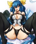  1girl artist_name asymmetrical_wings bangs black_legwear black_panties blue_hair blush breasts dated dizzy_(guilty_gear) eyebrows_visible_through_hair feet_out_of_frame finger_to_mouth guilty_gear guilty_gear_xrd hair_between_eyes hair_rings hand_on_own_chest large_breasts long_hair looking_to_the_side midriff mina_cream navel panties red_eyes ribbon skindentation spread_legs stomach tail thick_thighs thigh_strap thighhighs thighs twintails underwear wings yellow_ribbon 