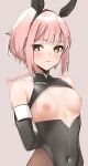  1girl :3 animal_ears artist_name black_bodysuit black_gloves blush bodysuit breast_cutout breasts closed_mouth commentary covered_collarbone covered_navel dated_commentary elbow_gloves fake_animal_ears gloves grey_background looking_at_viewer nipples original pink_hair rabbit_ears short_hair simple_background skeptycally small_breasts smile solo upper_body yellow_eyes 