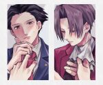  2boys 480 ace_attorney ascot bangs black_hair blush brown_eyes grey_hair hair_slicked_back hand_up looking_to_the_side male_focus miles_edgeworth multiple_boys necktie necktie_grab neckwear_grab panels parted_bangs phoenix_wright shading sweat yaoi 