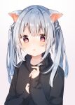  1girl absurdres animal_ear_fluff animal_ears bangs black_sweater blush eyebrows_visible_through_hair fang gradient gradient_background heripiro highres long_hair looking_at_viewer open_mouth original red_eyes silver_hair simple_background skin_fang solo sweater upper_body white_background 