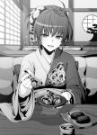  1girl absurdres ahoge bangs breasts commentary_request cup feeding food greyscale highres ibuki_notsu japanese_clothes kara_no_kyoukai kimono long_sleeves looking_at_viewer medium_breasts medium_hair monochrome obi open_mouth parted_bangs ryougi_shiki sash short_hair smile solo table wide_sleeves 