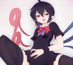  1girl :d \||/ ahoge asymmetrical_wings bangs black_dress black_hair black_legwear black_wristband blue_wings blush breasts center_frills commentary_request dress eyelashes feet_out_of_frame fingernails frills grey_background hair_between_eyes houjuu_nue open_mouth pointy_ears red_eyes red_neckwear red_ribbon red_wings ribbon scowl shio_(futatsumami) short_dress short_hair short_sleeves simple_background sitting slit_pupils small_breasts smile solo teeth thighhighs thighs tongue touhou upper_teeth wings 