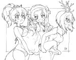  3girls animal_costume antlers artist_name bad_id bad_twitter_id bangs bikini bodysuit boots border bow breasts carrying christmas erakin fake_antlers fake_horns flat_chest front-tie_bikini front-tie_top frown girls_und_panzer greyscale grin hair_bow halterneck hat highres holding holding_sack horns kadotani_anzu kawashima_momo koyama_yuzu lineart long_hair looking_at_another looking_at_viewer looking_to_the_side medium_breasts medium_hair monochrome monocle multiple_girls open_mouth over_shoulder oversized_object parted_bangs piggyback ponytail reindeer_antlers reindeer_costume sack santa_bikini santa_boots santa_hat semi-rimless_eyewear short_hair side-tie_bikini signature smile sweatdrop swimsuit twintails under-rim_eyewear very_long_hair 