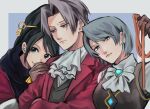  1boy 2girls 480 ace_attorney ace_attorney_investigations ascot black_hair blue_eyes closed_mouth coat earrings formal franziska_von_karma green_eyes grey_hair hair_ornament holding holding_whip jacket jewelry kay_faraday key_hair_ornament leaning_on_person light_blue_hair looking_at_viewer looking_to_the_side miles_edgeworth multiple_girls ponytail red_jacket red_suit ribbon scarf short_hair simple_background smile suit upper_body whip 