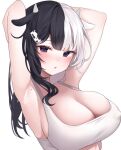  1girl :o animal_ears armpits arms_up black_hair blush breasts cleavage covered_nipples cow_ears cow_horns crop_top eyebrows_visible_through_hair horns large_breasts long_hair looking_at_viewer mismatched_animal_ear_colors mole mole_on_armpit mole_under_eye multicolored_hair original plunging_neckline purple_eyes reel_(riru) simple_background split-color_hair tank_top two-tone_hair upper_body white_background white_hair white_tank_top 