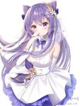  1girl absurdres armpit_crease bangs bare_shoulders blush breasts bride dress elbow_gloves flower genshin_impact gloves hair_bun highres holding holding_flower keqing_(genshin_impact) layered_dress layered_skirt long_hair miaogujun purple_hair skirt small_breasts straight_hair veil very_long_hair wedding_dress 