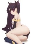  1girl absurdres armlet ass bad_link bangs bare_shoulders bikini black_hair black_legwear bracelet breasts detached_sleeves earrings eyebrows_visible_through_hair fate/grand_order fate_(series) gold_trim hair_ribbon highres hoop_earrings ishtar_(fate) jewelry long_hair looking_at_viewer medium_breasts mismatched_bikini neck_ring parted_bangs red_eyes revision ribbon single_detached_sleeve single_thighhigh solo swimsuit thighhighs thighs two_side_up yihsien 