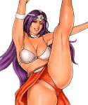  1girl armband armlet breasts cleavage commentary_request dancer dancing dragon_quest dragon_quest_iv gem headgear high_kick jewelry kicking long_hair manya_(dq4) necklace parted_lips purple_hair red_lips smile solo split spread_legs standing standing_on_one_leg standing_split takasugi_kou tan thighs 