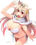  1girl :d arm_up bangs bikini blonde_hair braid breasts commentary_request cowboy_shot dated eyebrows_visible_through_hair hair_between_eyes hair_ornament hairclip hairy happa_(cloverppd) highres huge_breasts kantai_collection long_hair looking_at_viewer navel red_eyes remodel_(kantai_collection) scarf side-tie_bikini signature simple_background smile solo sparkling_eyes swimsuit very_long_hair white_background white_bikini white_scarf yuudachi_(kancolle) 