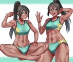  1girl abs black_hair blush buruma crossed_legs dark_skin flexing green_eyes highres long_hair midriff muscular muscular_female navel open_mouth original ponytail pose sitting sports_bikini teeth toin_(koto54576897) toned track_and_field 