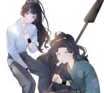  2boys ayabe_kihachirou bangs black_hair blue_eyes character_request dango feet_out_of_frame food head_tilt highres hip_vent holding invisible_chair japanese_clothes long_hair long_sleeves looking_at_viewer male_focus mouth_hold multiple_boys pants ponytail rakudai_ninja_rantarou sanshoku_dango sitting sparkle squatting swissmissmachi very_long_hair wagashi white_background wristband 