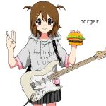  aiu404l artist_name black_skirt blush brown_eyes brown_hair burger cowboy_shot food grey_hoodie guitar hair_ornament hairclip highres hirasawa_yui hood hoodie instrument instrument_request k-on! looking_at_viewer nyan_cat oekaki salute shirt short_sleeve_sweater skirt t-shirt vulcan_salute white_background 