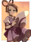  1girl ace_attorney bracelet brown_hair dress ganbare_(hnct4244) hair_rings hat hat_removed hat_ribbon headwear_removed holding holding_clothes holding_hat jewelry pearl_fey ribbon shading smile solo 