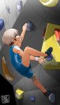  1boy bare_legs blue_shirt blue_shorts clenched_teeth climbing_wall commentary_request eyebrows_visible_through_hair from_side highres kaminosaki male_focus multicolored_hair original red_eyes shirt shoes short_hair shorts sneakers solo teeth 