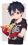  1boy black_hair black_hoodie cheese_trail closed_mouth commentary eating eyebrows_visible_through_hair food food_on_face gloves hair_between_eyes highres holding holding_food holding_pizza hood hoodie kemono_jihen kusaka_kabane male_focus notice_lines pizza pizza_slice red_eyes red_gloves ronba1125 short_sleeves simple_background skeleton_print solo translated 