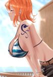  1girl arm_support bare_arms bare_shoulders belt bikini bikini_top breasts cleavage closed_eyes closed_mouth commentary cowboy_shot day eyebrows_visible_through_hair from_side highres huge_breasts leaning_forward leaning_on_rail light_blush light_smile log_pose medium_hair moriton nami_(one_piece) navel one_piece orange_hair outdoors pants railing shiny shiny_hair shoulder_tattoo sidelocks skindentation solo stomach swimsuit tattoo 