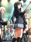  5girls akiyama_mio black_hair blonde_hair blue_eyes brown_eyes brown_hair commentary drum guitar highres hirasawa_yui instrument k-on! keyboard_(instrument) kotobuki_tsumugi microphone multiple_girls nakano_azusa pentagon_(railgun_ky1206) sakuragaoka_high_school_uniform school_uniform sweat tainaka_ritsu 