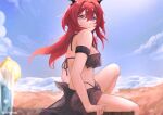  1girl arknights armband bangs bare_shoulders bikini black_bikini blue_sky breasts commentary day food fruit hair_between_eyes halterneck horns infection_monitor_(arknights) lemon lemon_slice long_hair looking_at_viewer medium_breasts nats_(d0ughnats) purple_eyes red_hair sarong sitting sky smile solo stomach surtr_(arknights) swimsuit symbol-only_commentary thighs 