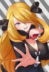  1girl :d absurdres artist_name black_coat blonde_hair breasts cleavage coat cynthia_(pokemon) fur_collar fur_trim grey_eyes hair_over_one_eye highres hiragana_sherry holding holding_poke_ball large_breasts looking_at_viewer open_hand open_mouth outstretched_arm poke_ball poke_ball_(basic) pokemon pokemon_(game) pokemon_dppt smile solo striped striped_background upper_body 