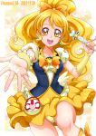  1girl 2021 :d bare_legs blonde_hair bow bowtie breasts clover_earrings cure_honey dated hair_bow hanzou happinesscharge_precure! high_ponytail highres holding long_hair looking_at_viewer medium_breasts miniskirt oomori_yuuko orange_bow orange_bowtie panties pantyshot precure skirt smile solo twitter_username underwear very_long_hair yellow_eyes yellow_panties yellow_skirt 