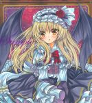  1girl :o back_bow bat_wings black_ribbon black_skirt black_wings blonde_hair blush bow bowtie breasts corset cowboy_shot eyebrows_visible_through_hair flower frilled_shirt_collar frilled_skirt frills hair_between_eyes hat hat_ribbon juliet_sleeves kurumi_(touhou) long_hair long_sleeves looking_at_viewer marker_(medium) medium_breasts mob_cap open_mouth puffy_sleeves red_bow red_bowtie red_flower red_rose ribbon rose rui_(sugar3) sample shirt skirt solo touhou touhou_(pc-98) traditional_media white_bow white_headwear white_shirt wings yellow_eyes 