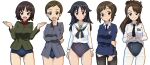  5girls absurdres alina_(girls_und_panzer) amaretto_(girls_und_panzer) anzio_school_uniform asymmetrical_bangs bangs black_eyes black_hair black_legwear blouse blue_eyes blue_hair blue_sweater blue_swimsuit blush_stickers bob_cut braid braided_bun brown_eyes brown_hair chromatic_aberration closed_mouth clothes_lift commentary covered_navel dress_shirt emblem eyebrows_visible_through_hair freckles gesture girls_und_panzer glasses gogopaint green_jacket grey_shirt grin half_updo hand_on_own_arm hand_to_own_mouth highres insignia jacket kojima_emi kuromorimine_school_uniform lifted_by_self long_hair long_sleeves looking_at_viewer multiple_girls neckerchief necktie nilgiri_(girls_und_panzer) no_pants old_school_swimsuit ooarai_school_uniform open_mouth pantyhose pravda_school_uniform red_shirt rimless_eyewear round_eyewear sailor_collar school_swimsuit school_uniform serafuku shirt shirt_lift short_hair side-by-side simple_background smile st._gloriana&#039;s_(emblem) st._gloriana&#039;s_school_uniform standing sweater swept_bangs swimsuit swimsuit_under_clothes thighband_pantyhose turtleneck v-neck very_short_hair white_background white_blouse white_legwear white_sailor_collar white_shirt wing_collar world_witches_series yamagou_ayumi 