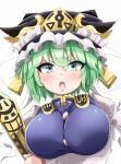  1girl alternate_breast_size arm_under_breasts blue_eyes blush breasts eyebrows_visible_through_hair face gold_trim green_hair hair_between_eyes hat highres holding holding_stick large_breasts looking_at_viewer open_mouth retoruto rod_of_remorse shiki_eiki short_hair simple_background solo stick touhou upper_body v-shaped_eyebrows white_background 