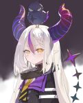  1girl animal bird braid coat collar crow hair_between_eyes highres hololive horns la+_darknesss long_hair looking_at_viewer na_na_yu_ta necktie on_head pointy_ears purple_hair solo virtual_youtuber white_hair yellow_eyes 