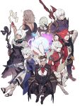 3girls 5boys ahoge alisaie_leveilleur alphinaud_leveilleur animal_ears armor avatar_(ffxiv) blue_eyes boots breastplate breasts byuub cat_ears cat_girl cat_tail choker commentary dress elezen elf english_commentary estinien_varlineau eyebrows_visible_through_hair eyes_visible_through_hair final_fantasy final_fantasy_xiv full_body g&#039;raha_tia gloves goggles goggles_on_head green_eyes grey_eyes grey_hair gun hair_between_eyes hair_over_one_eye highres holding holding_staff jacket long_sleeves looking_at_viewer medium_breasts miqo&#039;te multiple_boys multiple_girls paper parted_lips plate_armor pointy_ears polearm ponytail rabbit_ears rabbit_girl red_eyes red_hair scarf short_hair shorts shoulder_armor shoulder_spikes simple_background sitting slit_pupils smile spikes staff standing tail teeth thancred_waters thigh_boots thighhighs urianger_augurelt viera weapon white_background white_hair y&#039;shtola_rhul 