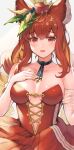  1girl animal_ears anthuria blue_choker blue_ribbon breasts choker cleavage collarbone commentary_request erune eyebrows_visible_through_hair granblue_fantasy hair_ornament hat highres koretsuki_azuma looking_at_viewer md5_mismatch medium_breasts red_eyes red_hair red_headwear resolution_mismatch ribbon ribbon_choker solo source_smaller upper_body 