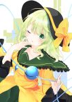  1girl \||/ absurdres blush closed_eyes eyebrows_behind_hair green_eyes green_hair hand_up hat highres komeiji_koishi long_hair looking_at_viewer one_eye_closed sabatuki shirt simple_background solo third_eye touhou white_background wide_sleeves yellow_shirt 