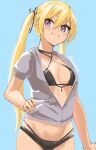  1girl artist_name bikini black_bikini black_ribbon blonde_hair blue_background breasts cleavage closed_mouth collarbone commentary cowboy_shot dated_commentary eyebrows_visible_through_hair grey_jacket hair_ribbon halterneck hand_on_hip jacket jacket_over_swimsuit light_blush long_hair looking_at_viewer medium_breasts multi-strapped_bikini_bottom original partially_unzipped purple_eyes ribbon short_sleeves simple_background skeptycally smile solo swimsuit twintails 