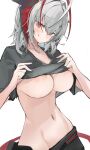  1girl :q ahoge antennae areola_slip areolae arknights bangs breasts demon_girl demon_horns demon_tail eyebrows_visible_through_hair grey_shirt highres horns large_breasts licking_lips looking_at_viewer mikojin navel official_alternate_costume orange_eyes shirt short_hair short_sleeves silver_hair simple_background smile solo tail tongue tongue_out underboob w_(arknights) w_(fugue)_(arknights) white_background 