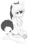  1girl aardwolf_(kemono_friends) aardwolf_ears aardwolf_tail absurdres bangs barefoot bikini blush breasts chis_(js60216) commentary_request eyebrows_visible_through_hair flying_sweatdrops halterneck highres kemono_friends kneeling long_hair looking_at_viewer medium_breasts navel open_mouth ponytail seiza side-tie_bikini sitting solo spot_color swimsuit v_arms 