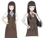  1girl black_hair blunt_bangs blunt_ends brown_vest concept_art expressions hikage_monogatari hime_cut jimiko long_hair long_skirt looking_at_viewer reference_sheet sidelocks simple_background skirt standing urin very_long_hair vest white_background 