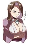  1girl ace_attorney arms_under_breasts bead_necklace beads breasts brown_hair coat commentary_request cropped_torso ganbare_(hnct4244) grey_eyes japanese_clothes jewelry kimono large_breasts magatama magatama_necklace mia_fey mole mole_under_mouth necklace pearl_fey purple_kimono simple_background solo translation_request upper_body white_background wide_sleeves 