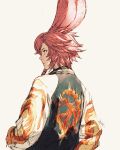  absurdres animal_ears braid final_fantasy final_fantasy_xiv flame_print from_behind highres jacket kuroimori long_sleeves looking_away print_jacket profile rabbit_ears short_hair_with_long_locks side_braid simple_background single_braid solo upper_body viera white_background 