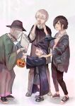  2boys 2girls :d bangs black_headwear black_skirt black_sweater brown_pants closed_mouth collared_shirt eyebrows_visible_through_hair facing_another family father_and_daughter grey_background grey_hair grey_jacket grey_shirt hair_over_one_eye halloween halloween_bucket highres holding jacket kaneki_ichika kaneki_ken kirishima_touka kyuuba_melo long_sleeves looking_at_another mother_and_daughter multiple_boys multiple_girls nagachika_hideyoshi open_clothes open_jacket pants rope sack shirt shoes short_hair simple_background skirt smile standing sweater teeth thighhighs tokyo_ghoul tokyo_ghoul:re upper_teeth wide_sleeves 