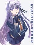  1girl bangs black_gloves black_skirt braid brown_necktie character_name cowboy_shot danganronpa:_trigger_happy_havoc danganronpa_(series) eyebrows_visible_through_hair gloves grey_background hair_ornament hair_ribbon highres jacket kirigiri_kyouko long_hair long_sleeves looking_at_viewer miniskirt misuto_(rune-0528) necktie pleated_skirt purple_eyes purple_hair ribbon shiny shiny_hair shirt side_braid simple_background single_braid skirt solo 