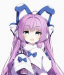  1girl absurdres ahoge animal_ears azur_lane bangs coat commentary eyebrows_visible_through_hair fake_animal_ears fur-trimmed_coat fur-trimmed_sleeves fur_trim grey_eyes hair_intakes highres long_hair looking_at_viewer open_mouth poppypilf purple_hair simple_background sleeves_past_fingers sleeves_past_wrists solo sweater tashkent_(azur_lane) upper_body white_background white_coat winter_clothes 