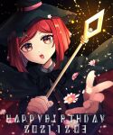  1girl artist_name bangs black_background black_cape black_headwear black_ribbon brown_vest cape collared_shirt danganronpa_(series) danganronpa_v3:_killing_harmony dated dress_shirt eyebrows_visible_through_hair flower grey_shirt hair_ornament happy_birthday hat holding holding_staff jacket looking_at_viewer mikao_(eanv5385) neck_ribbon red_cape red_eyes red_hair ribbon shirt short_hair skirt solo staff upper_body vest white_flower witch_hat yumeno_himiko 