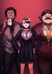  1girl 2boys ace_attorney asymmetrical_bangs bangs black_hair black_jacket black_necktie black_pants black_skirt blazer breasts brown_eyes brown_hair closed_eyes closed_mouth collared_shirt commentary_request cup diego_armando earrings emergency_exi10 facial_hair formal glasses gradient gradient_background grin hair_slicked_back hands_on_hips holding holding_cup jacket jewelry long_hair long_sleeves looking_at_viewer magatama marvin_grossberg mia_fey mole mole_under_mouth multiple_boys mustache necktie orange_necktie pants red_background red_jacket red_pants red_shirt red_suit scarf shirt short_hair simple_background skirt skirt_suit smile standing suit vest white_shirt yellow_scarf 