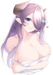  1921494015 1girl absurdres aqua_nails arm_under_breasts bare_shoulders blue_eyes braid breast_hold breasts cleavage collarbone commentary_request draph granblue_fantasy hair_flowing_over hair_ornament hair_over_one_eye hairclip head_tilt heart highres horns large_breasts light_purple_hair long_hair looking_at_viewer narmaya_(granblue_fantasy) one_eye_covered pointy_ears purple_hair self_hug side_braid simple_background single_braid smile solo upper_body white_background 